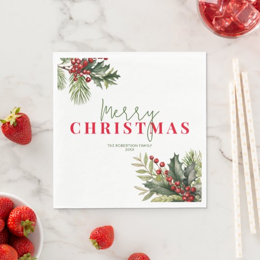 Holly en Pine op Witte Kerstmis Party Servet (Insitu)