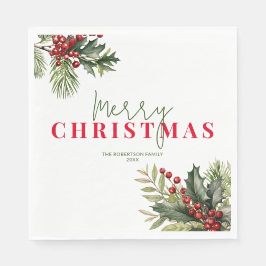 Holly en Pine op Witte Kerstmis Party Servet (Voorkant)