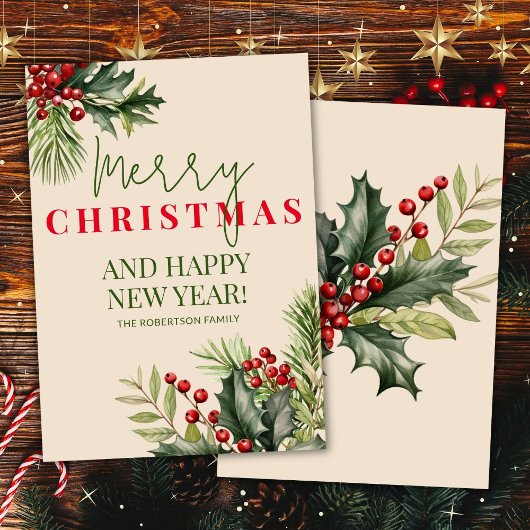 Holly en Pine Red Berries Beige Kerst Kaart