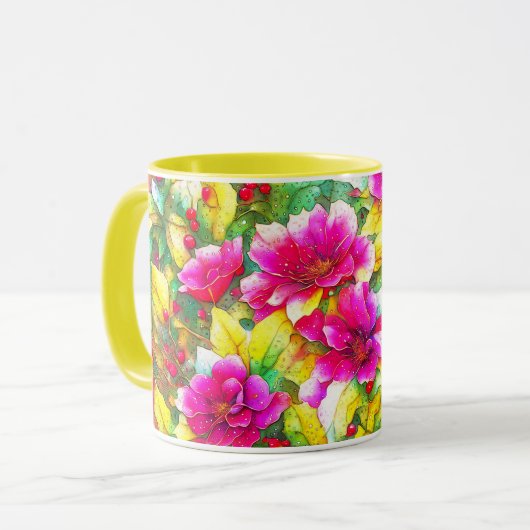 Holly en Pink Flowers Art Holiday Mok Cup (Voorkant links)