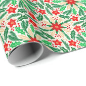 Holly en Poinsettia Botanisch vakantiepatroon Cadeaupapier (Rol Hoek)