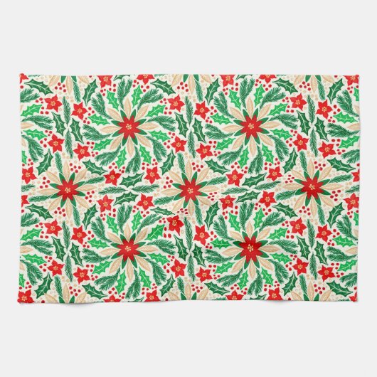 Holly en Poinsettia Botanisch vakantiepatroon Theedoek (Horizontaal)