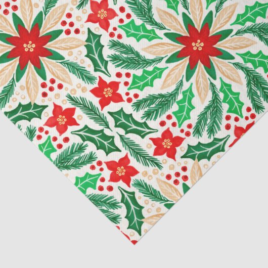 Holly en Poinsettia Botanisch vakantiepatroon Tissuepapier (Detail)