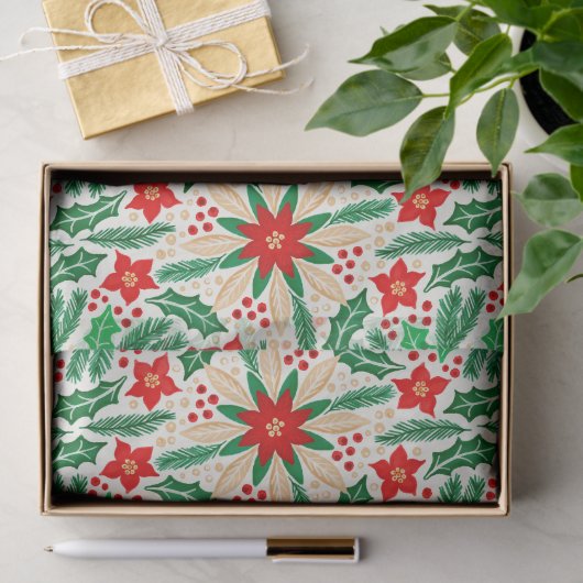 Holly en Poinsettia Botanisch vakantiepatroon Tissuepapier (Geschenk)