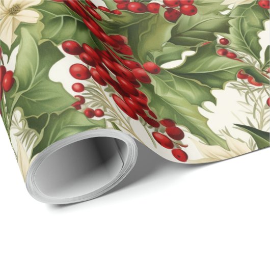 Holly en Poinsettias Cadeaupapier (Rol Hoek)