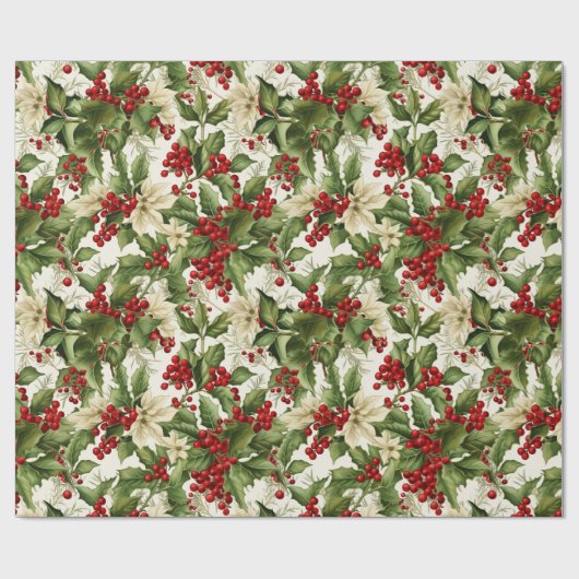 Holly en Poinsettias Cadeaupapier (Vlak)