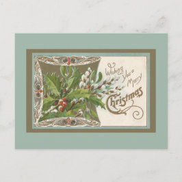 Holly en Pussy Willows on Seafoam Green Vintage Briefkaart