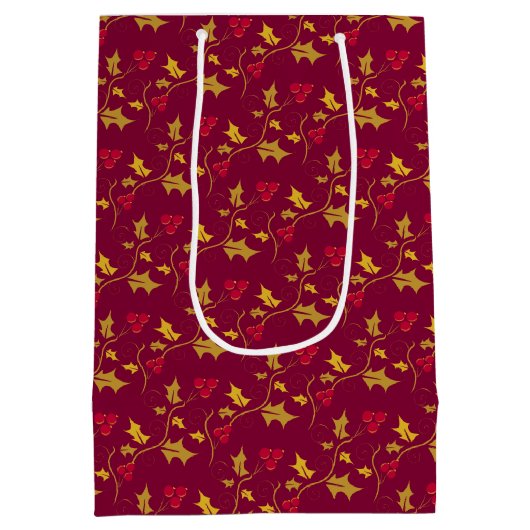 Holly- en rode bessen bladpatroon op maat rood medium cadeauzakje (Achterkant)