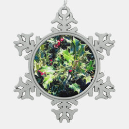 Holly en rode bessen tin sneeuwvlok ornament