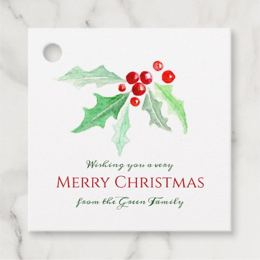 Holly en rode bessen waterverf Kerstmis Bedankjes Labels (Voorkant)