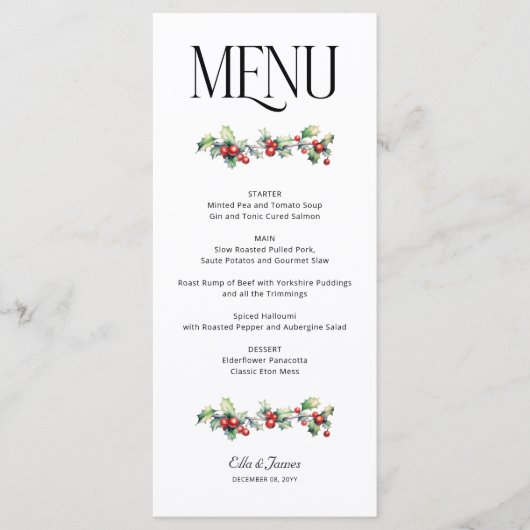 Holly en rode bessen Winter bruiloft Menu (Voorkant)