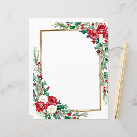 Holly en rozen Kerst briefpapier (Voorkant / Achterkant in situ)