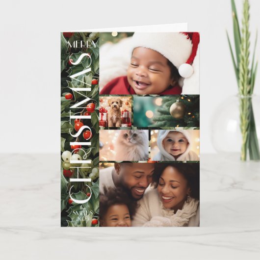 Holly Feestelijke Familie Fotocollage Kerstmis Kaart (Voorkant)
