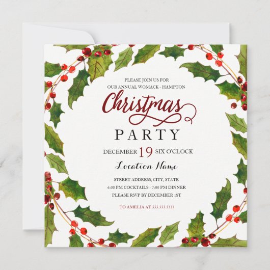 Holly Flourish Red Green Kerstparty Invite Kaart (Voorkant)