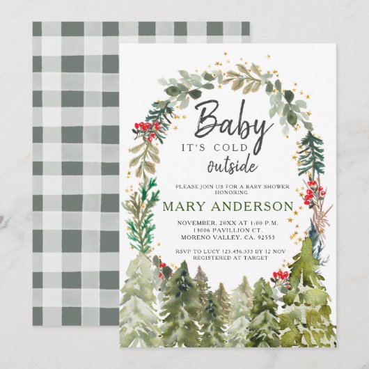 Holly Flowers Winter Pine Trees Baby shower Kaart (Voorkant / Achterkant)