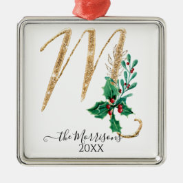 Holly Foliage Monogram M Gold Glitter Kerstmis Metalen Ornament