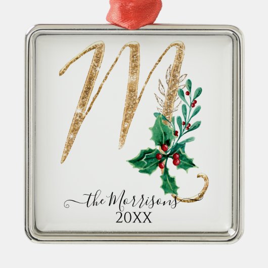 Holly Foliage Monogram M Gold Glitter Kerstmis Metalen Ornament (Voorkant)