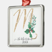 Holly Foliage Monogram M Gold Glitter Kerstmis Metalen Ornament (Links)