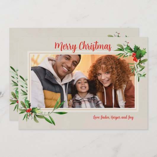 Holly Frame Foto Kerstkaart (Voorkant / Achterkant)