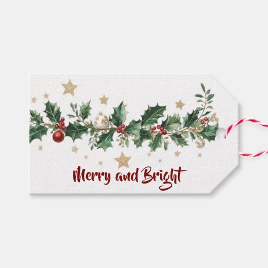 Holly Garland Merry & Bright Cadeaulabel (Voorkant (Horizontaal))