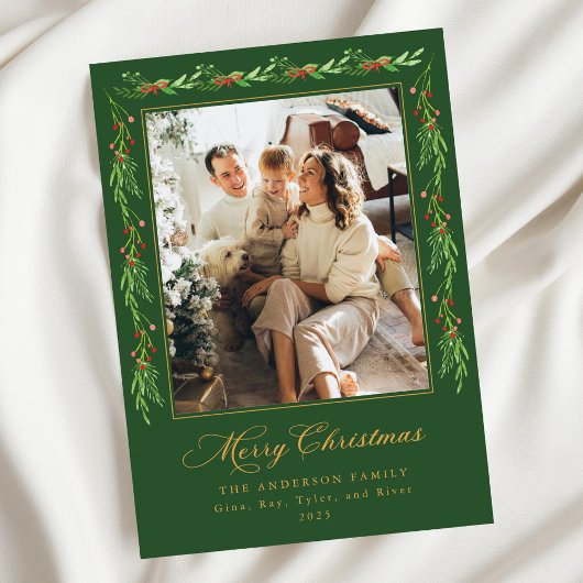 Holly Garland Merry Christmas Photo Card Kaart