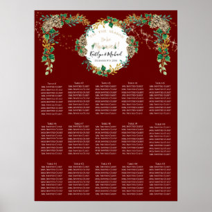 Holly Gold Foliage Burgundy Wedding Seding Chart Poster