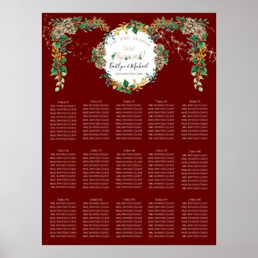 Holly Gold Foliage Burgundy Wedding Seding Chart Poster (Voorkant)