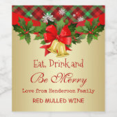 Holly, gouden klokken en sneeuwvlokken kerst wijn etiket (Enkel label)