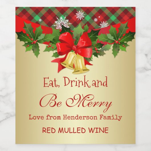 Holly, gouden klokken en sneeuwvlokken kerst wijn etiket (Enkel label)