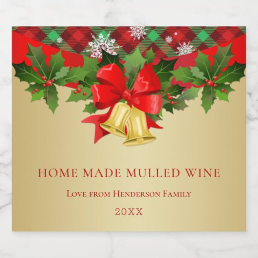 Holly, gouden klokken en sneeuwvlokken, kerstwijn sparkling wijnetiket (Enkel label)