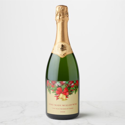 Holly, gouden klokken en sneeuwvlokken, kerstwijn sparkling wijnetiket (Voorkant)