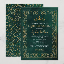 Holly Green Gold Princess Tiara Quinceañera Kaart