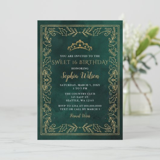 Holly Green Gold Princess Tiara Sweet 16 Birthday Kaart (Staand voorkant)