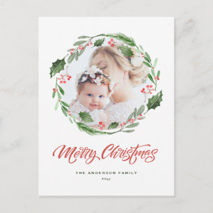 Holly Greenery Krans Cirkel Foto Vrolijk Kerstfees Feestdagenkaart