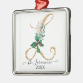 Holly Greenery Monogram L Gold Glitter Kerstmis Metalen Ornament (Links)