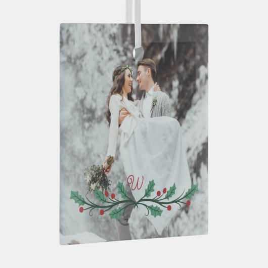 Holly Haf Wreath Monogram Winter Wedding Photo Glas Ornament (Voorkant Rechts)