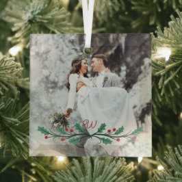 Holly Haf Wreath Monogram Winter Wedding Photo Glas Ornament