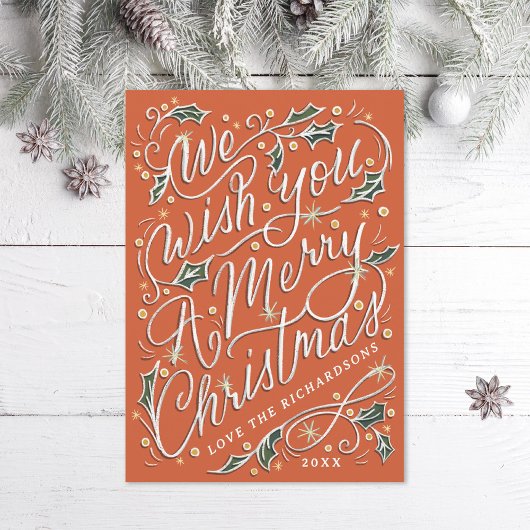 Holly Hand Lettered We wensen je een vrolijk kerst Feestdagenkaart