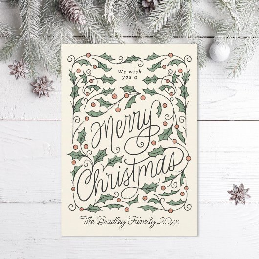 Holly Handgeschilderd Merry Christmas Holiday Kaar Feestdagenkaart