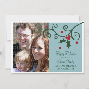 Holly Holiday Foto Plat Kaart, Blauw Feestdagenkaart