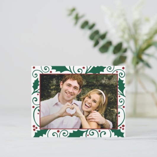 Holly Holiday Groen & Rood op Witte Foto Briefkaar Feestdagenkaart (Staand voorkant)