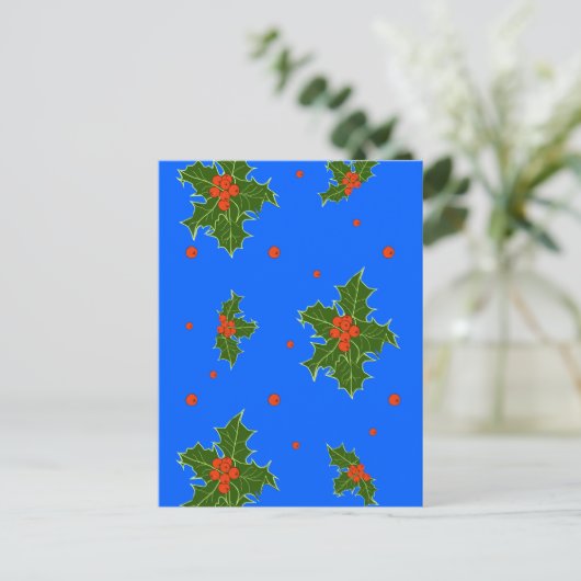 Holly (Ilex) kerstmaan op blauwe achtergrond Briefkaart (Staand voorkant)