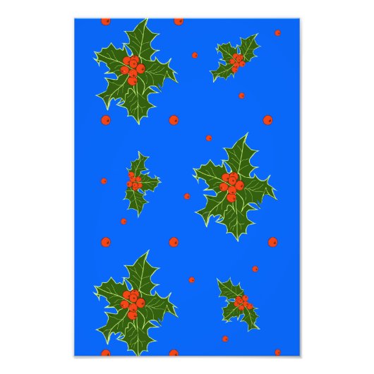 Holly (Ilex) kerstmaan op blauwe achtergrond Foto Afdruk (Voorkant)