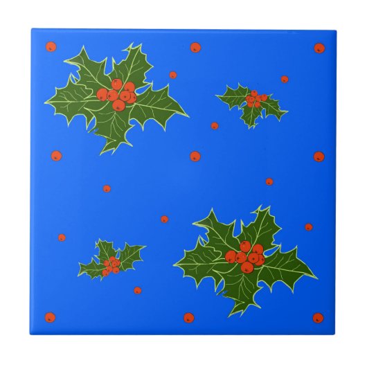 Holly (Ilex) kerstmotif op feestblauw Tegeltje (Voorkant)