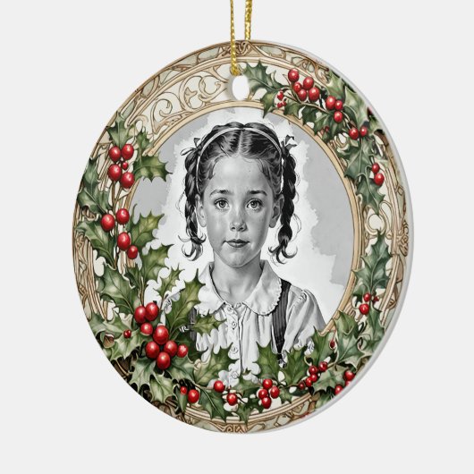 Holly ingelijst aangepaste kerstfoto rond keramisch ornament (Links)
