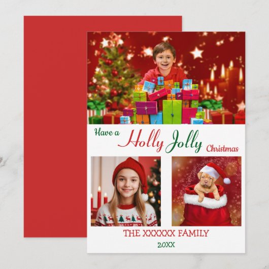 Holly Jolly 3 Foto Kerst Chic Goud Confetti Feestdagenkaart (Voorkant / Achterkant)