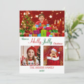 Holly Jolly 3 Foto Kerst Chic Goud Confetti   Feestdagenkaart (Staand voorkant)