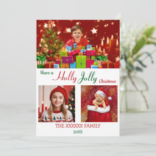 Holly Jolly 3 Foto Kerst Chic Goud Confetti   Feestdagenkaart (Staand voorkant)