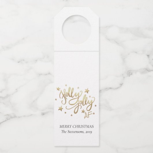 Holly Jolly AF | Glanzend Goud Faux Folie Script Flessenhanger (Voorkant)