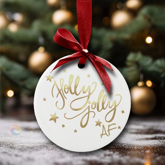 Holly Jolly AF | Glanzend Goud Faux Folie Script Keramisch Ornament